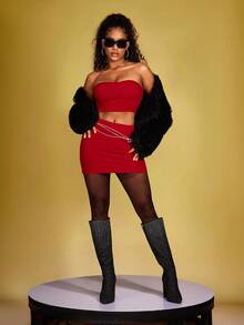 SHEIN Solid Crop Tube Top & Bodycon Skirt - Red - View 3