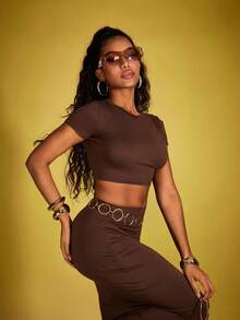 INAWLY Solva Ladies' Fashion Solid Color Short Sleeve T-Shirt And Skirt Set - Coffee Brown - View 5