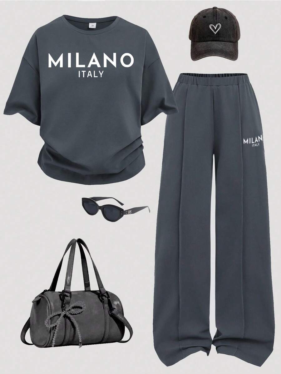 SHEIN Girlism Teen Girls 2 Pieces Casual Outfit - Loose Fit Crew Neck Knit Top With Graphic Print And Relaxed Fit Shorts, Suitable For Everyday Wear, Back-To-School, Holidays, Family Outdoor Activities, Spring Picnics And Various Occasions - Grey - View 1