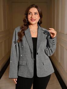 Gownix Plus Size Women's Elegant Tweed Beaded Pocket Suit, Suitable For Parties, Events, And Work Commute, Autumn/Winter Rave Party - Dark Grey - View 4