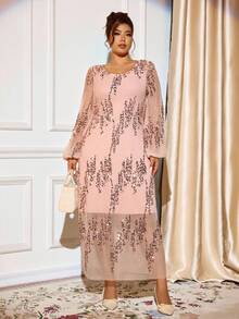 Cravure Plus Size Women's Round Neck Long Sleeve Pleated Sequin Pink Palace Style Elegant Party Maxi Dress, Autumn/Winter Fall Cloth For Women - Dusty Pink - View 4