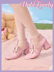 Dola Lovely 女士粉色粗跟方头可爱高跟鞋，蝴蝶结、仿珍珠、蕾丝装饰，浪漫礼物，适合派对、圣诞节、万圣节等场合 - 粉色 - 查看 3