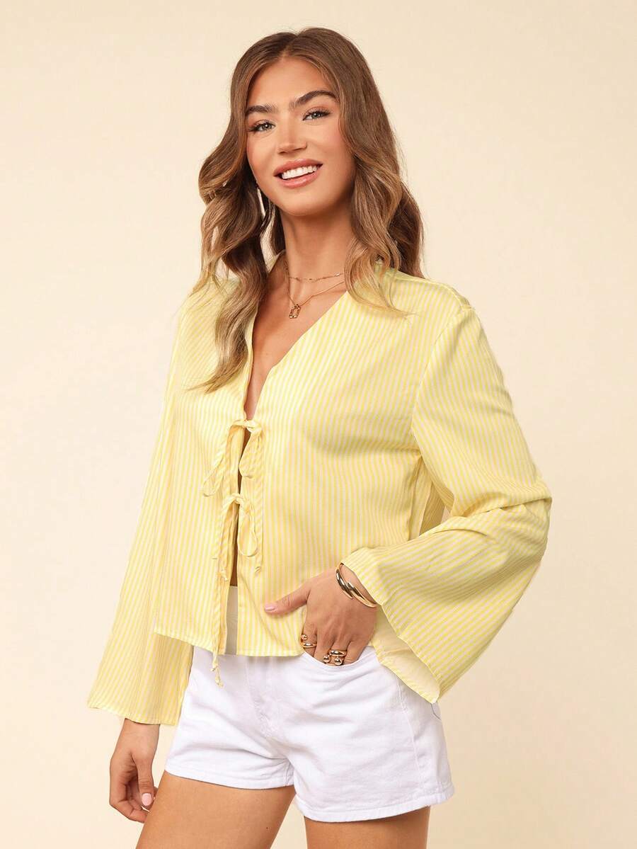 Coeurva Women's Butter Yellow Striped Print Blouses For Summer Vacation,Brunch Outfits For Women,Casual Loose Tie Front Long Sleeve Blouse Shirt For Women,For Summer Vacation, Women Summer Clothing Fall Clothes - Yellow - View 1