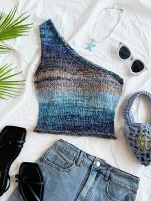 Soleia Retro Casual Gradient Color Brown Strap Backless Sleeveless Knit Crop Top, Suitable For Holiday, Date, Valentine's Day, Afternoon Tea,Off The Shoulder Sweater - Multicolor - View 1