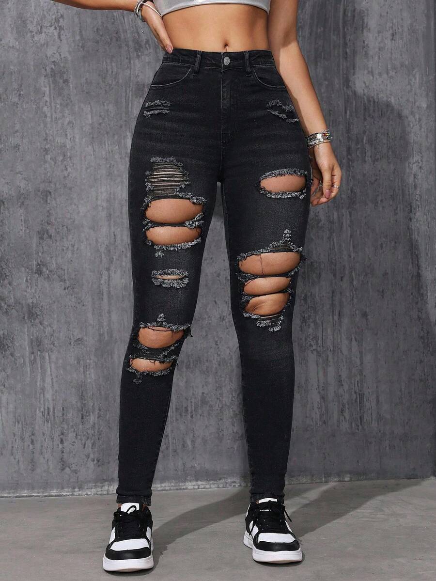 SHEIN ICON Ladies' Distressed Denim Jeans - Dark Grey - View 1