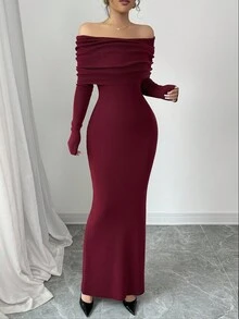 Selianne Váy len dài trễ vai ôm sát viền đuôi cá thời trang, thoải mái với chất liệu len, phù hợp cho mùa xuân, thu và đông - Màu Đỏ Sâu - Xem 7