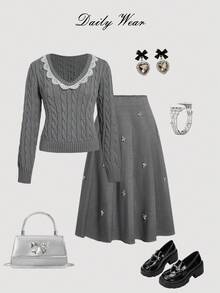 Skyraze Casual Versatile Lace Trim Gray Sweater Sweater For Women Cable Knit Sweater Lace Trim Sweater Tennis Sweater,Jumpers Pullover Back-To-School Clothing Casual Daily Wear,Tops,Brunch Women,Renaissance Fair,Concert Women, In Fall/Winter - Grey - View 1