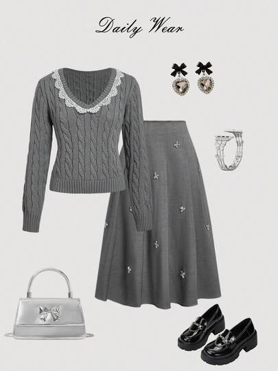 Skyraze Casual Versatile Lace Trim Gray Sweater Sweater For Women Cable Knit Sweater Lace Trim Sweater Tennis Sweater,Jumpers Pullover Back-To-School Clothing Casual Daily Wear,Tops,Brunch Women,Renaissance Fair,Concert Women, In Fall/Winter