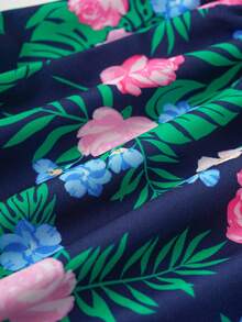 Joliand Joliand 1pc Young Girl Urban Elegant Green Leaf & Pink Floral Print Ruffle Hem Loose Sleeveless Dress,Navy Blue,Summer,Beach,Holiday For Casual,Party,Wedding - Multicolor - View 5