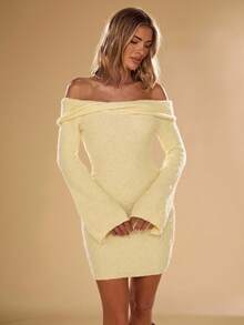 SHEIN BAE 1pc Women's Slim Pale Yellow Off Shoulder Solid Color Long Sleeve Elegant Knitted Dress,Autumn Winter Fall Sweaters Clothes,Dinner Date Dress - Yellow - View 5
