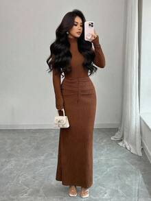 Rafferiza Vestido de punto elástico con cuello alto, manga larga y drapeado, versátil y sexy para el otoño/invierno