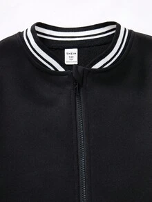 Tween Boys' Casual Everyday Letter & Star Print Baseball Collar Open Front Loose Knit Thick Jacket,In Fall/Winter,Winter Set,Winter Clothing,Fall Outfits,Fall Clothing,All Clothes For Kids,Black Tops ,Fall Tops ,Winter Outwear - Black - View 7