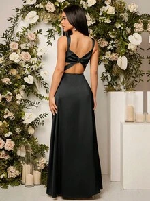 SHEIN Belle Women's Solid Color Side Slit Hem Elegant Spaghetti Strap Bridesmaid Dress (Adult) - Black - View 2