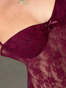 Aloruh 女士纯色蕾丝拼布蝴蝶结装饰吊带背心紧身衣 - 酒紅色 - 查看 7