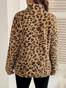 SHEIN Maternity Autumn And Winter Pregnant Women's Letter & Leopard Print Fleece Half-Zip Casual Sweatshirt, Autumn/Winter Leopard Print - Brown - View 2