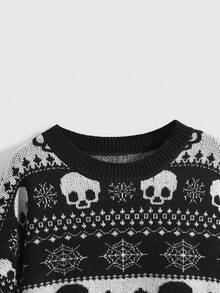 Goth Vintage Dark Skeleton & Bat Jacquard Knit Sweater For Women, Loose Fit Casual Round Neck Pullover, Autumn/Winter - Black - View 3
