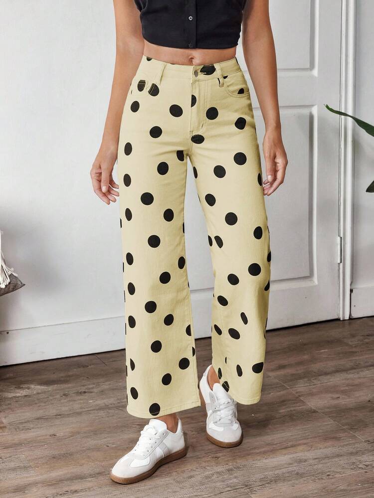 EMERY ROSE Quần jean ống rộng túi chéo chấm bi thường ngày dành cho nữ - Màu Khaki - Xem 8