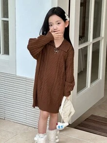 DAZY Vestido de suéter de cuello alto para niña, otoño e invierno - Caqui - Ver 7
