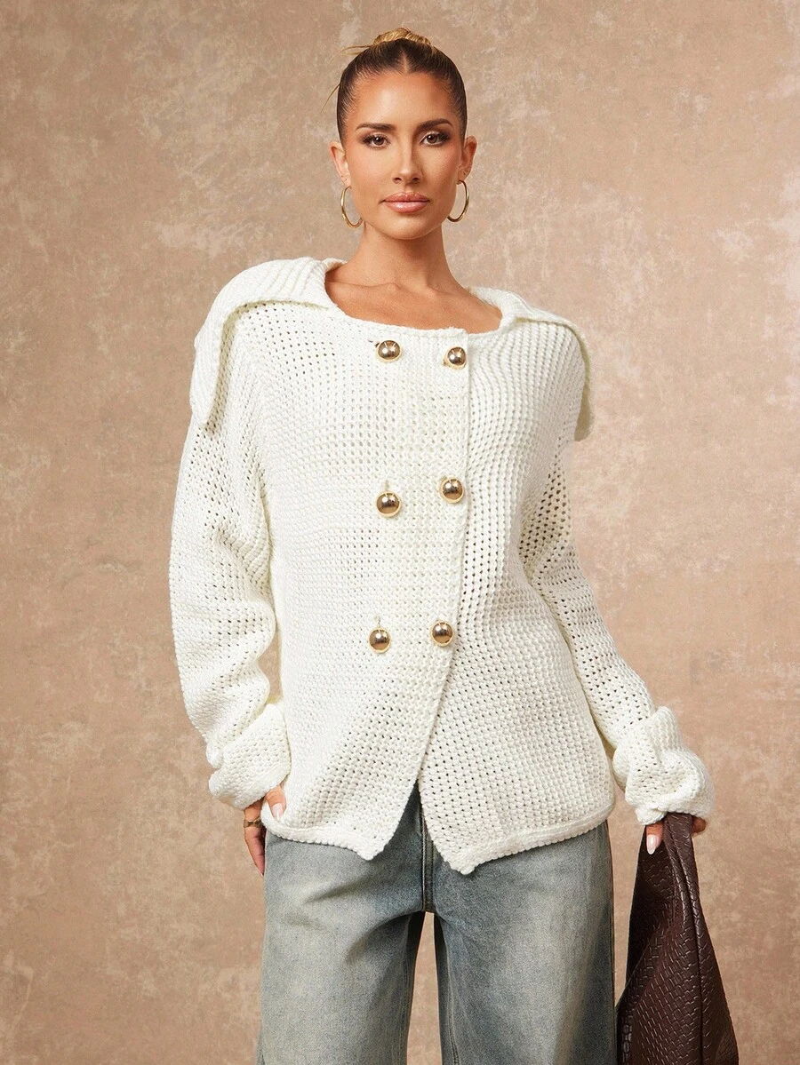Lumalex Jesień Zima Spotkanie Impreza Bankiet Skromny Stary Pieniądze Kokietka Błyszczący Świąteczna impreza Rave Festiwal Wycieczka Wakacje Gorący Na zewnątrz Bogato warstwowy Sezon ślubny Bankiet Ceremonia Dojrzewania Duży kołnierz Gruby dzianinowy luźny krój Metalowy guzik Dwurzędowy damski sweter Biały kardigan zapinany na guziki Damski biały kardigan Biały kardigan z dzianiny Damski kardigan z dzianiny Biały kardigan z dzianiny