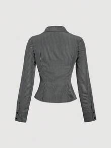 SHEIN MOD Vintage schwarzes Hemd mit V-Ausschnitt, Glockenärmeln und Raffungen - Preppy Stil, 70er Jahre, Lässig, Komfortabel, Pendeln, Old Money Ästhetik, ideal für Schulkleidung, Lehre und Büromode - Schwarz - Übersicht 2