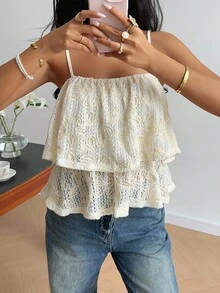 SHEIN Frenchy Women's Elegant Embroidered Lace Camisole,White Floral Double-Layered Ruffle Puffy Hem Top,Cream Summer Casual Vacation Top Suitable For All Seasons - Apricot - View 5