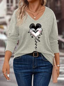 EMERY ROSE New Plus Size Women's Fashion Heart Print V-Neck Long Sleeve T-Shirt - Apricot - View 1