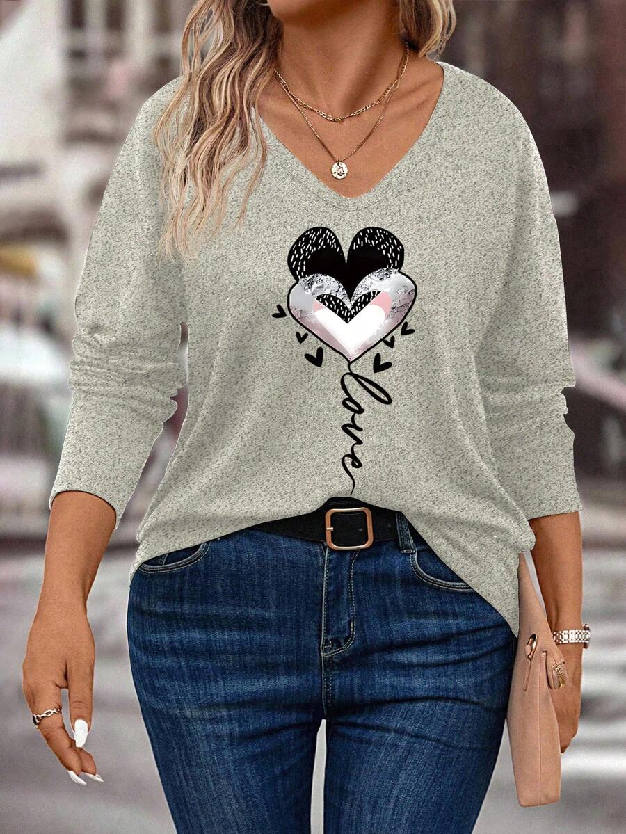 EMERY ROSE New Plus Size Women's Fashion Heart Print V-Neck Long Sleeve T-Shirt - Apricot - View 1