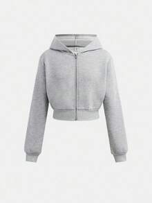 SHEIN Girlism 少女休闲灰色拉链卫衣外套，适合秋冬季穿着 - 灰色 - 查看 6