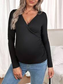 SHEIN Áo thun dài tay dáng ôm dáng đơn sắc dáng chéo cho bà bầu - màu đen - Xem 5