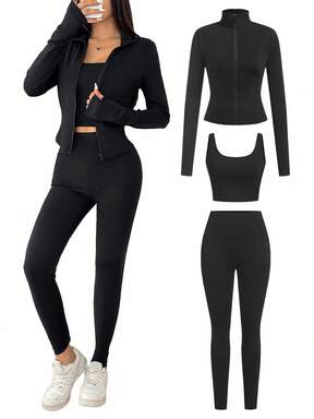 SHEIN EZwear Black Knit Women Zip-Up Cardigan + Camisole + Pants 3Pcs Sportswear Set