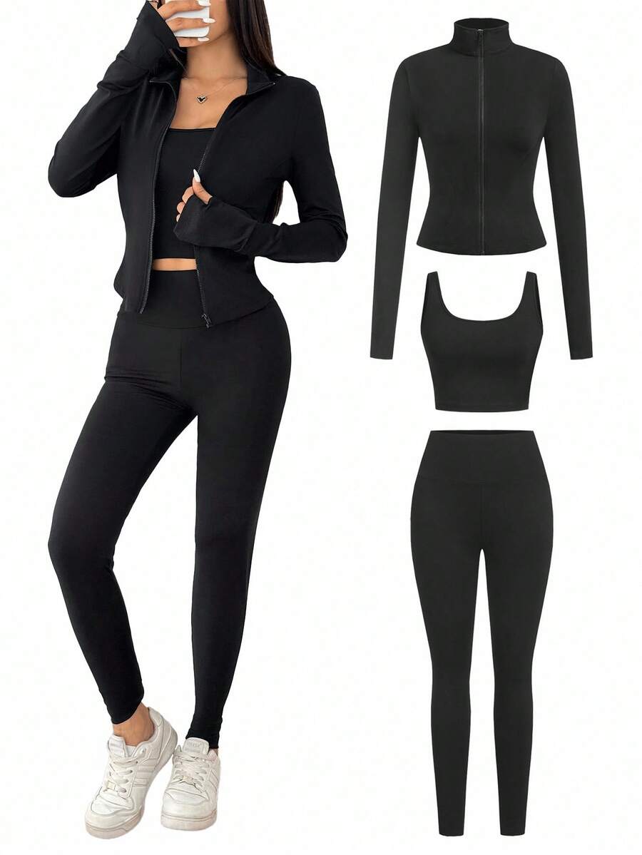 SHEIN EZwear Black Knit Women Zip-Up Cardigan + Camisole + Pants 3Pcs Sportswear Set - Black - View 1
