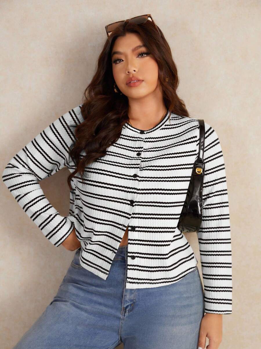 Elaquor Camiseta casual de talla grande con botones y rayas, otoño