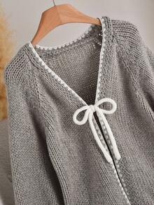 CosyJoli 秋冬大码休闲毛衣配领带蝴蝶结撞色装饰开衫 - 灰色 - 查看 4