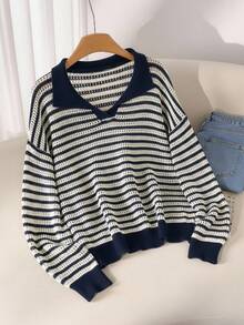 CosyJoli Plus Size Casual Polo Collar Striped Long Sleeve Pullover Sweater Women Pullover Collared Sweater Striped Sweater Women Striped Sweater In Fall/Winter