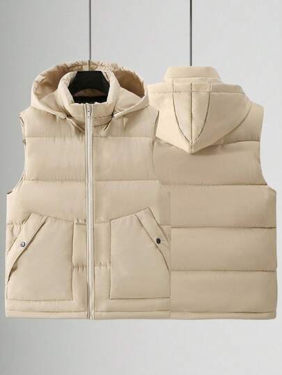 SHEIN Tween Boy Casual Loose Hooded Vest With Thermal Lining, Pockets, Suitable For Commuting, School, Daily Casual Outings, Sports, Autumn/Winter Season Kids Puffer Vest, Hooded Vest Kids, Boys Vest, Fall