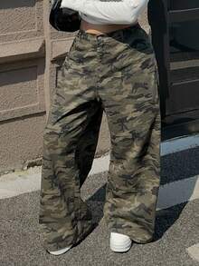 Dazy Plus 迷彩印花宽松阔腿街头风格长牛仔裤，四季皆宜 - 軍綠色 - 查看 3