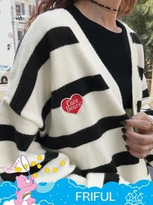 SHEIN X Care Bears FRIFUL 女式 V 领宽松条纹落肩宽松刺绣纽扣前开衫 - 黑與白 - 查看 2