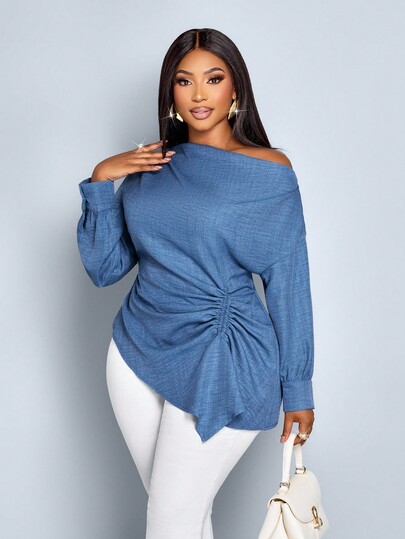 SOLERSUN Women's Plus Size Fall And Winter Solid Color Asymmetric Collar Long Sleeve Side Drawstring Ruched Fashion Blouse,Asymmetric Hem Blue Woven Fabric Shopping And Dating Blouse,Hem Of Handkerchief, Hem Of Handkerchief