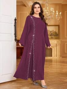 Al Najma Beaded Rhinestone Robe, Long Sleeve Long Dress, Fashion - Red Violet - View 3