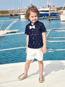 Joliand Joliand 2pcs/Set Young Girl Elegant Urban Sailor Lighthouse Print Navy Polo Collar Short Sleeve Shirt & White Shorts Outfit, Suitable For Casual Daily, Traveling, Beach Youth Boys Shirt Young Boys Matching Sets Young Boys Suit Set Youth Boy Tshirt Young Boys 2 Pieces Boys Nautical Outfit Boys Summer Outfit Boys Preppy Outfit Kids Cruise Outfits Boys Boys Anchor Shirt - Multicolor - View 5