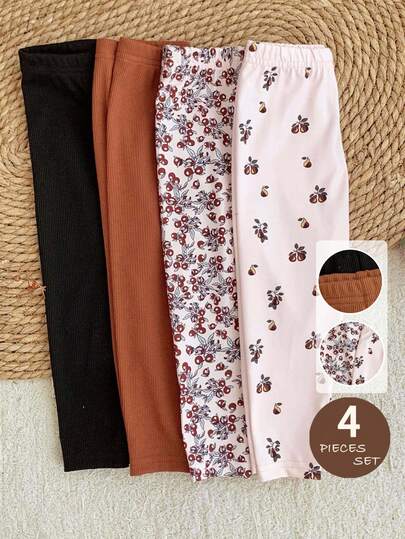 LMoss Kids 4件套女婴针织纯色花卉休闲裤套装