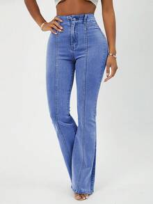 RueChic Women Casual Cotton High Waist Flare Leg Jeans - Light Wash - View 5