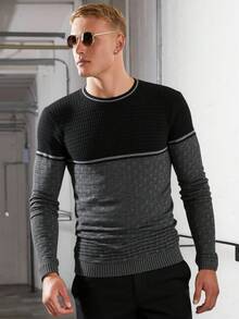 Maglione casual da uomo, regular fit, con motivo a blocchi di colore e texture