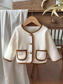 Vintaside Kids 1pc Baby Girls' Winter New White Faux Fur Trim Brown Front Pocket Lapel Minimalist Contrast Color Elegant Versatile Warm Jacket Fall - White - View 4
