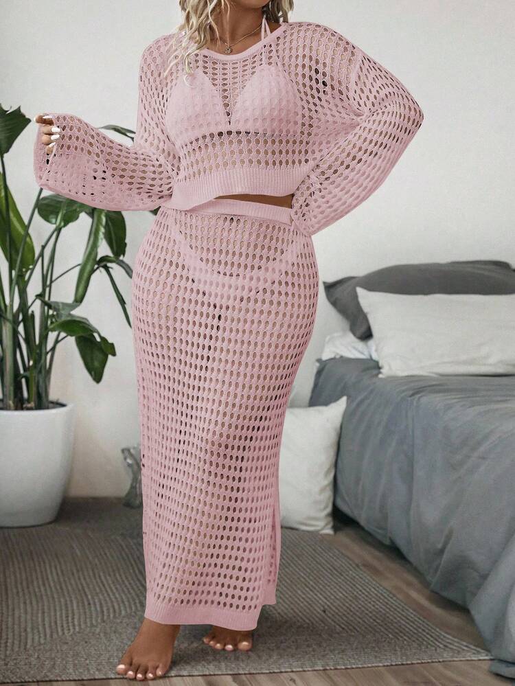 Vionelle Plus Size Casual Solid Color Hollow Out Long Sleeve Top And Skirt 2 Pieces Knit Set - Dusty Pink - View 6