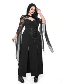 SHEIN Whyspr 休閒龐克大尺碼深色哥德風蕾絲拼接透視長袖洋裝 秋季 - 黑色 - 查看 4
