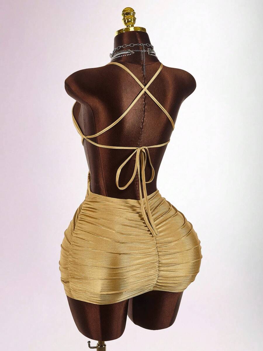 Amplova 女式纯色简约日常交叉系带迷你连衣裙 - 金色 - 查看 1