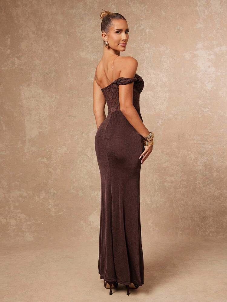 Lumalex Robe moulante asymétrique à une épaule drapée avec patchwork de dentelle pour femmes - Marron - Voir 2