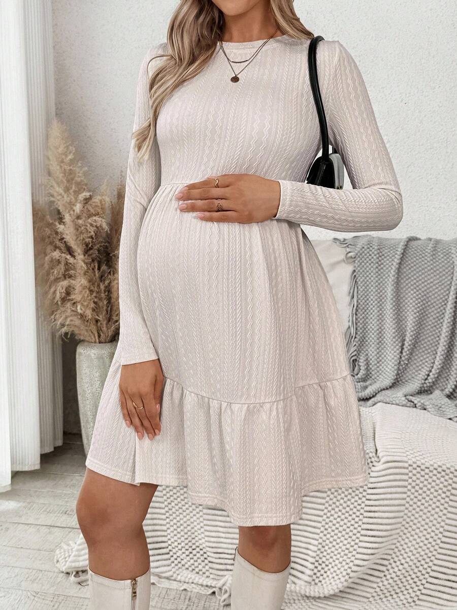 SHEIN Maternity Autumn Clothes White Solid Color Round Neck Long Sleeve Ruffle Hem Casual Dress Pregnancy Bump Friendly Photoshoot Beige Fall Clothes - Apricot - View 1