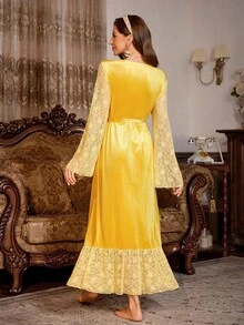 PalaceNights Bata elegante de mujer con mangas largas de encaje de contraste, volantes en el bajo, bata de terciopelo de encaje, bata de seda amarilla, otoño - Amarillo - Ver 2